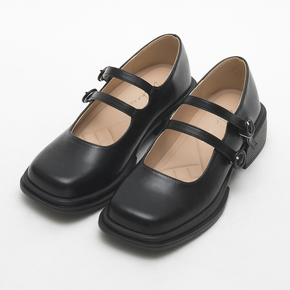 Double-Strap Square Toe Mary Jane Shoes Black