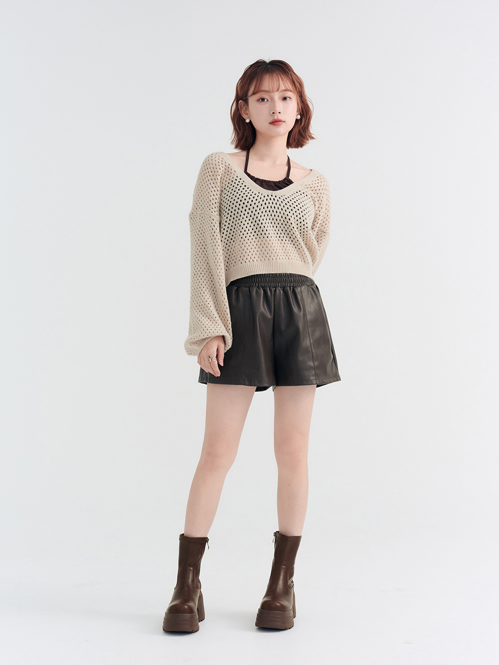 愛豆偶像素面厚底瘦瘦短靴 咖啡色