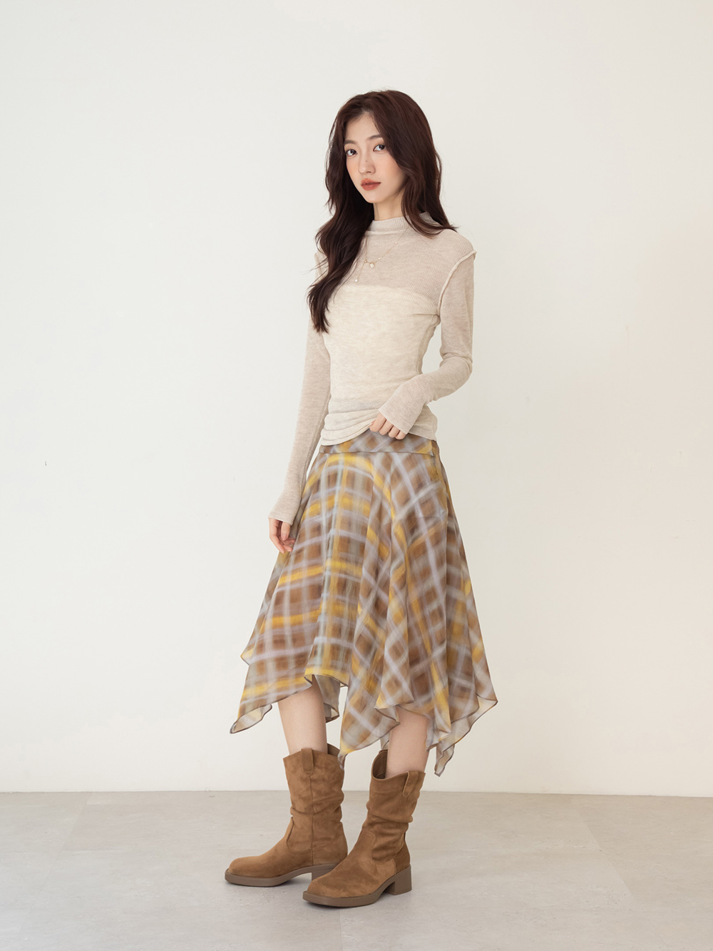 嬉皮小V口抓皺西部堆堆靴 棕色