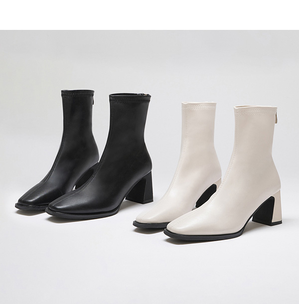 Plain Square Toe High Heels Slimming Boots Black