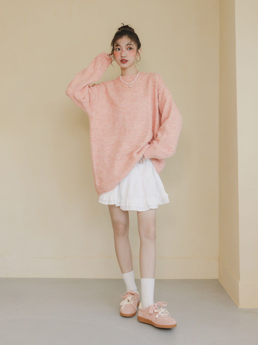 雙色鞋帶真皮復古德訓鞋 粉