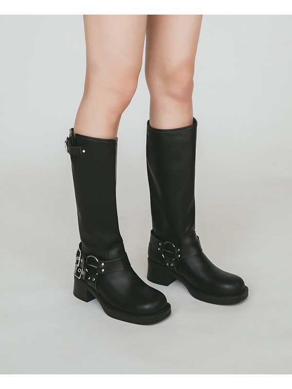 Multi-Buckle Square Toe Low-Heel Boots Black