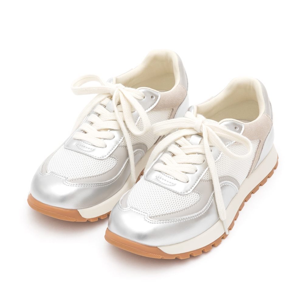 Leather-Spliced Casual Sneakers Silver