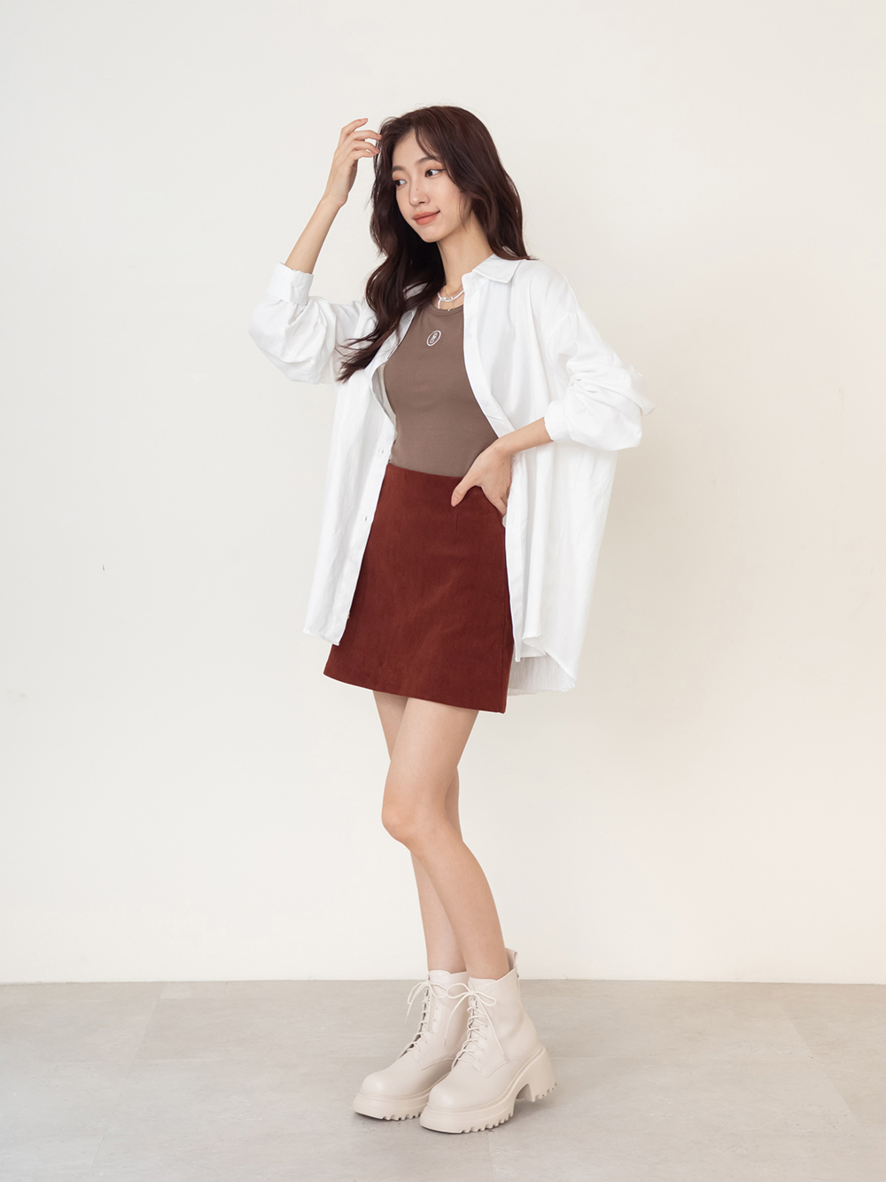 女團風輕量厚底綁帶短靴 米白色