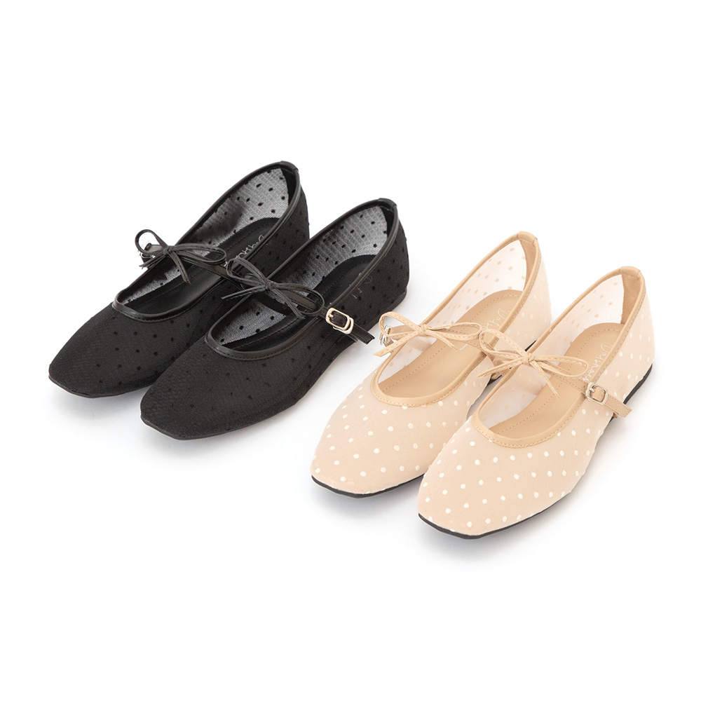 法式點點網紗蝴蝶結瑪莉珍鞋 杏