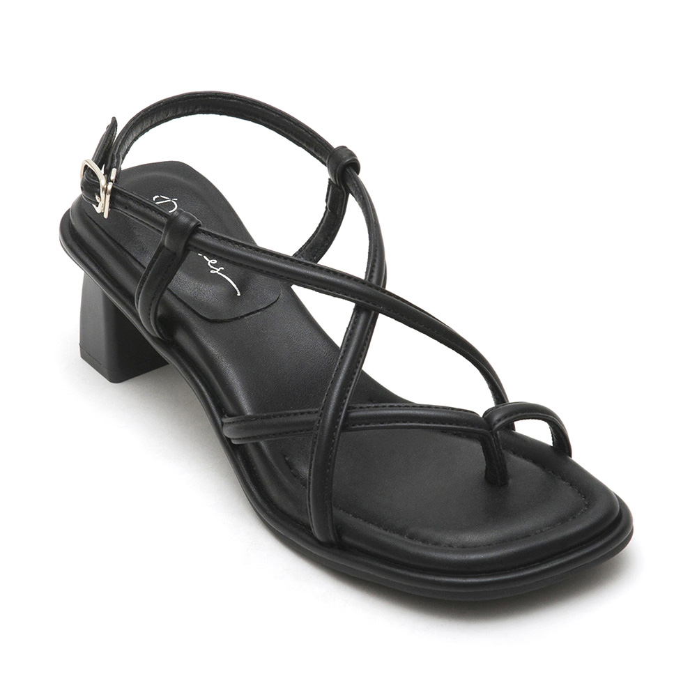 Elegant Thin Strap Square Toe Mid-Heel Sandals Black