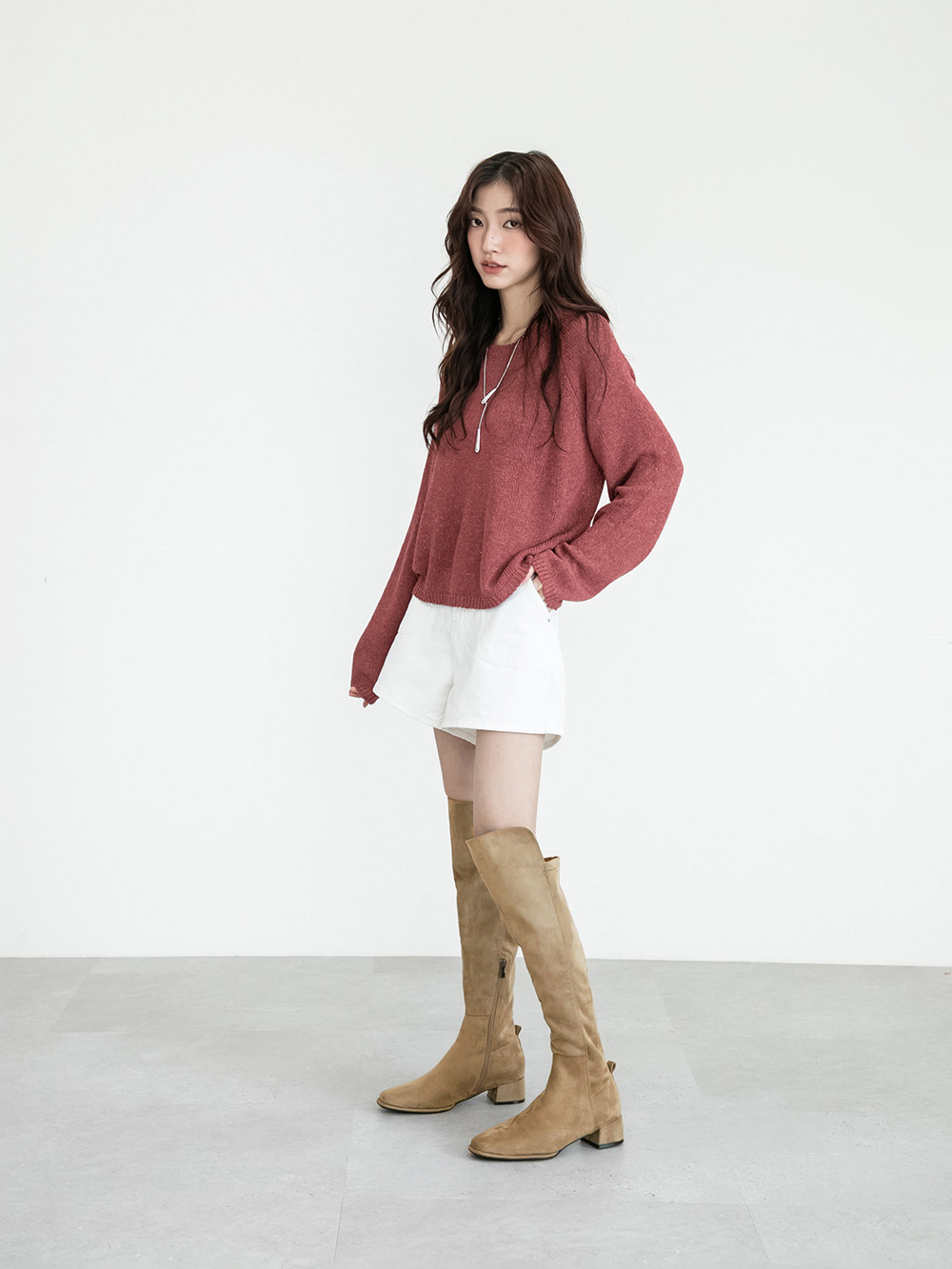 百變主題顯瘦拼接膝上長靴 卡其色