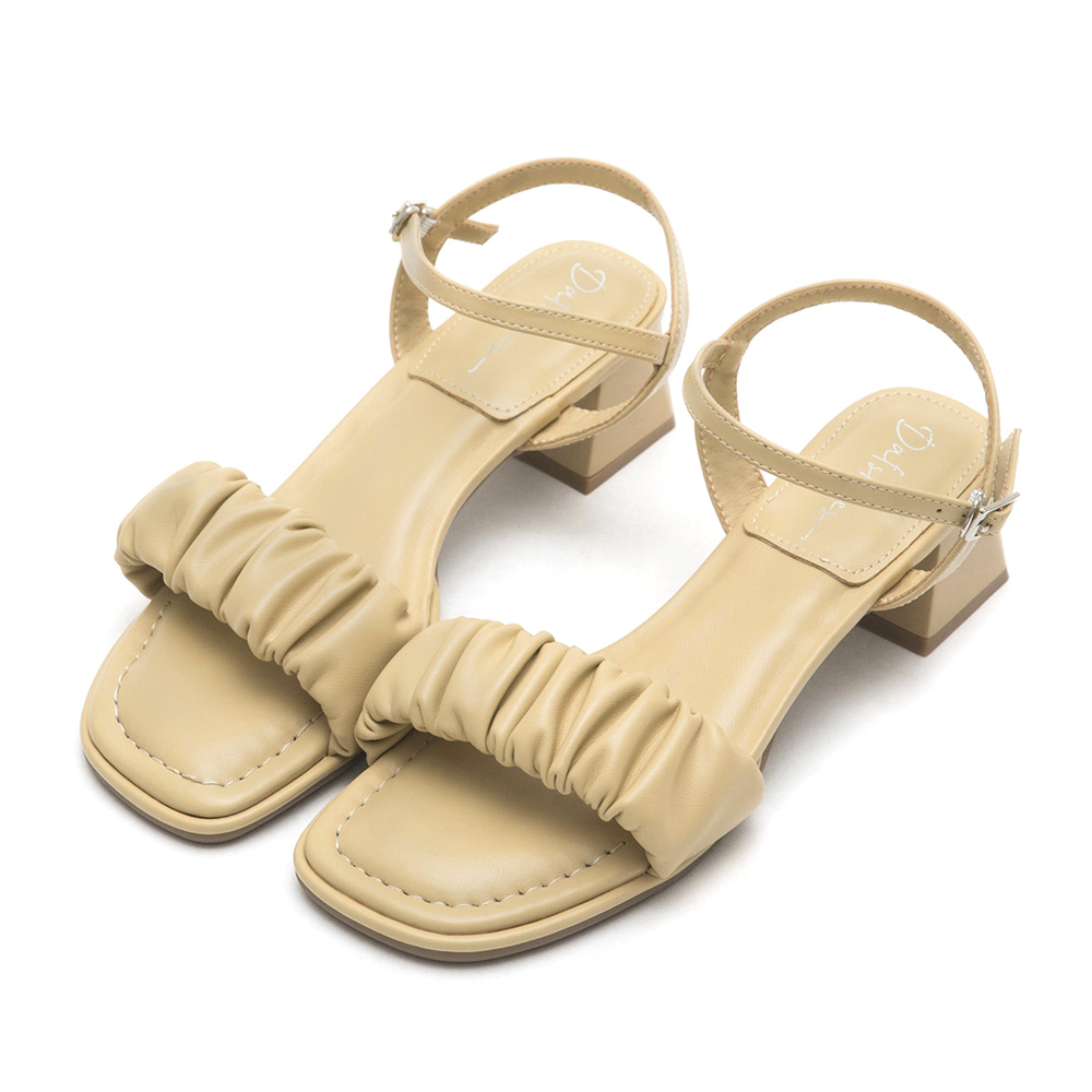Ruched Puffy Cushioned Mid-Heel Sandals 鵝黃