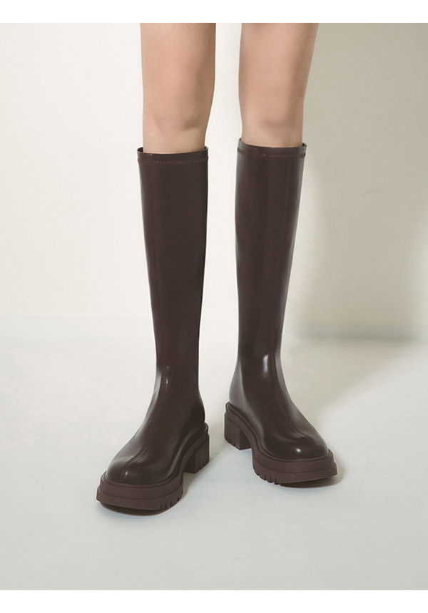 Plain Thick Sole Tall Boots Dark Brown