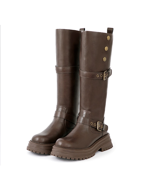 復古騎士釦環排釦機車長靴 咖啡