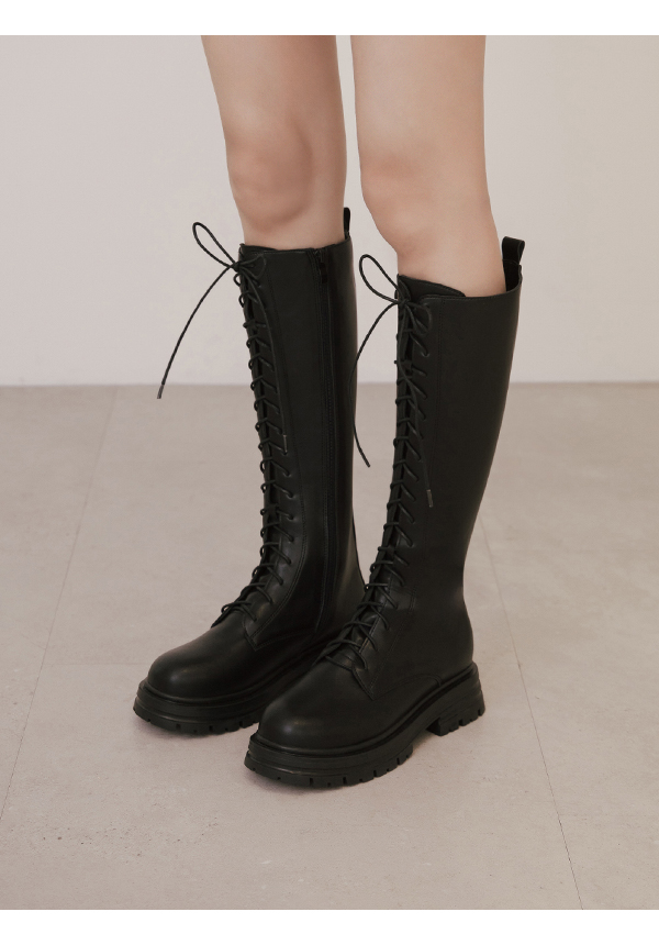 Platform Sole Lace-Up Combat Long Boots Black