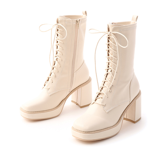 Platform Square Toe Lace-Up Boots French Vanilla White