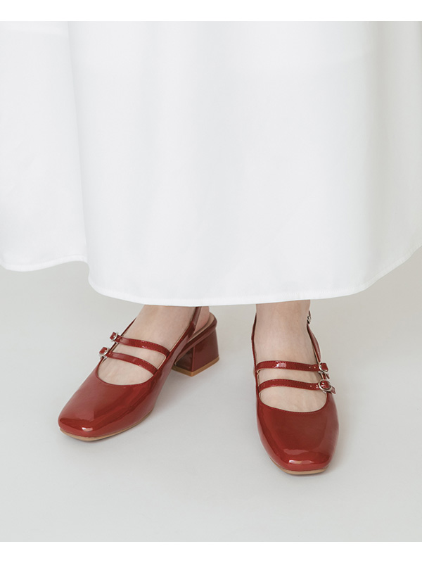 Patent Leather Double Strap Low-Heel Slingback Mary Jane Shoes 磚紅