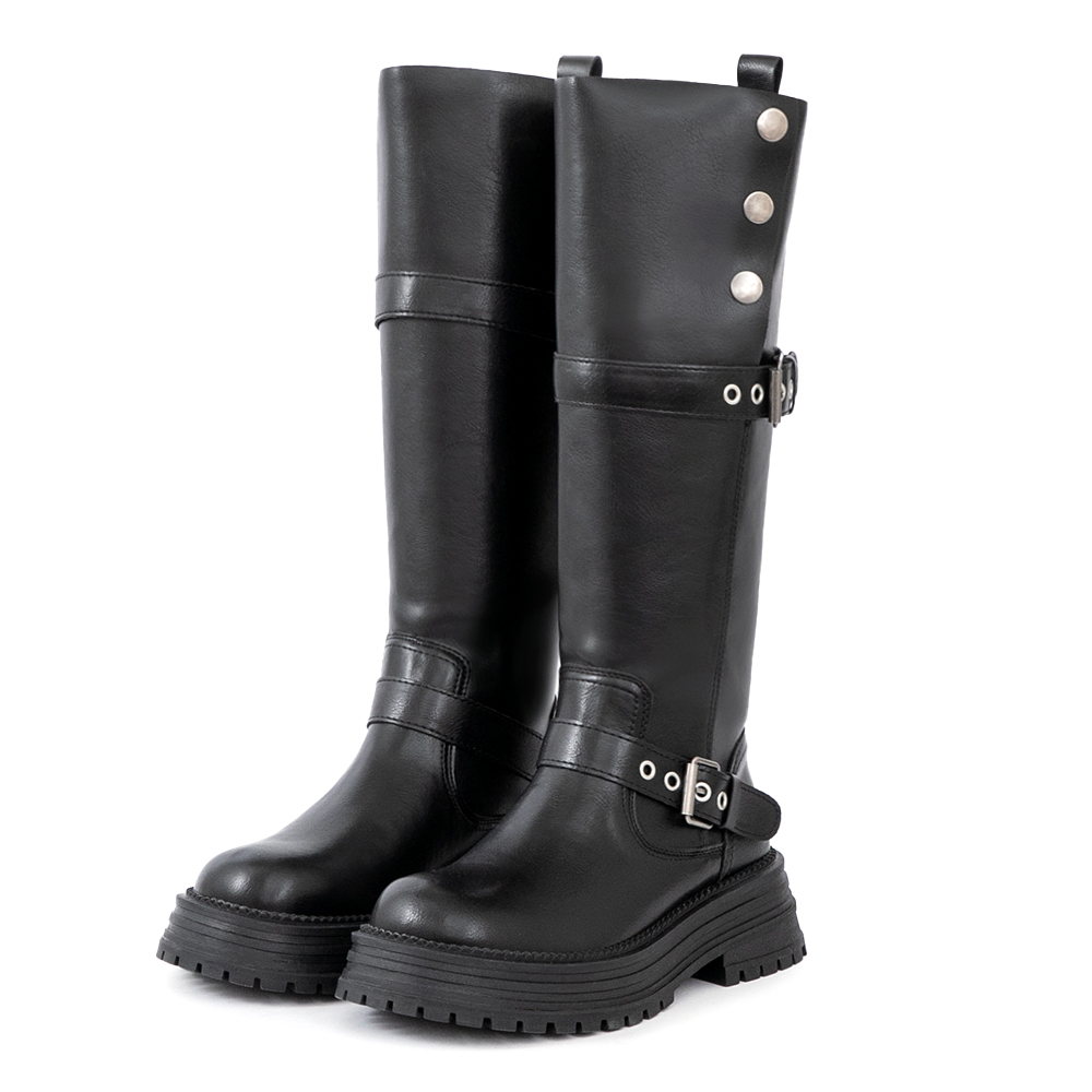 復古騎士釦環排釦機車長靴 黑色