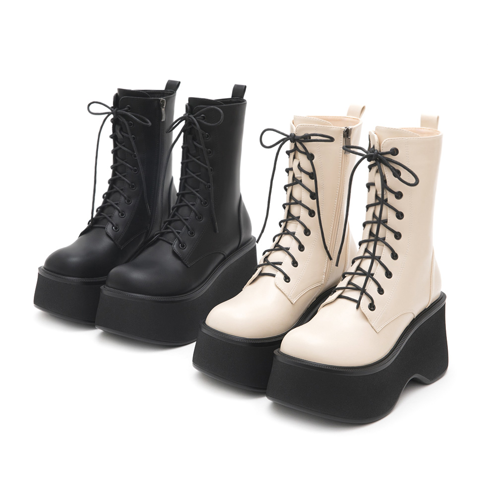 K-pop Girl Thick-Sole Lace-Up Ankle Boots Beige