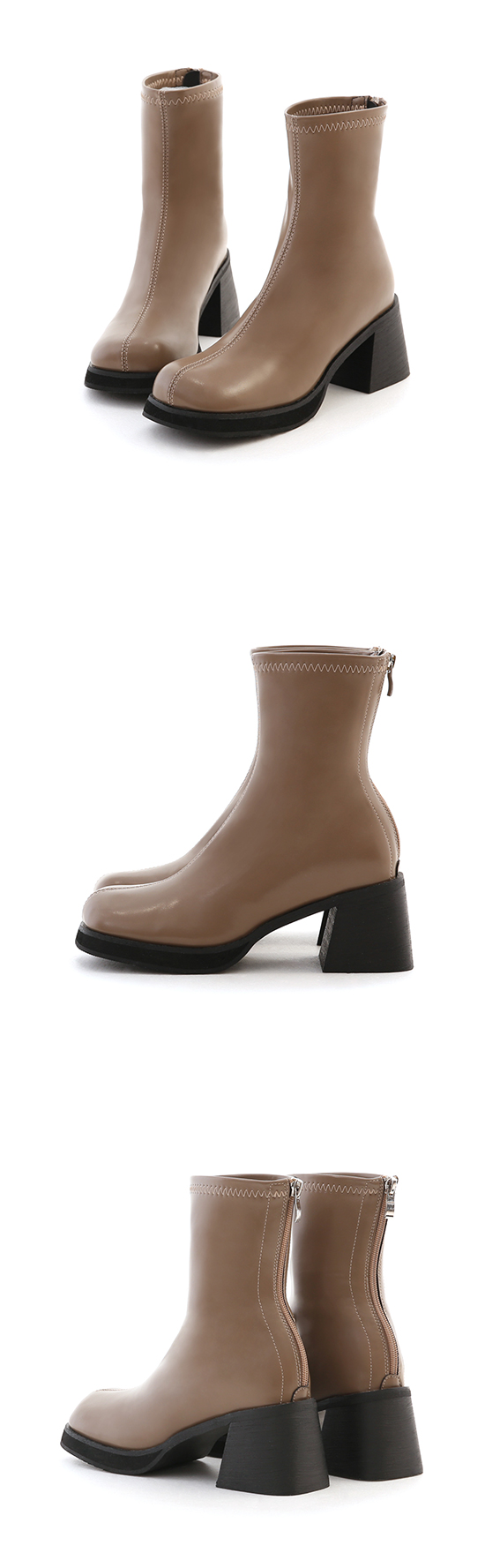 Round Toe Stitching Thick Sole Slimming Boots Mocha grey