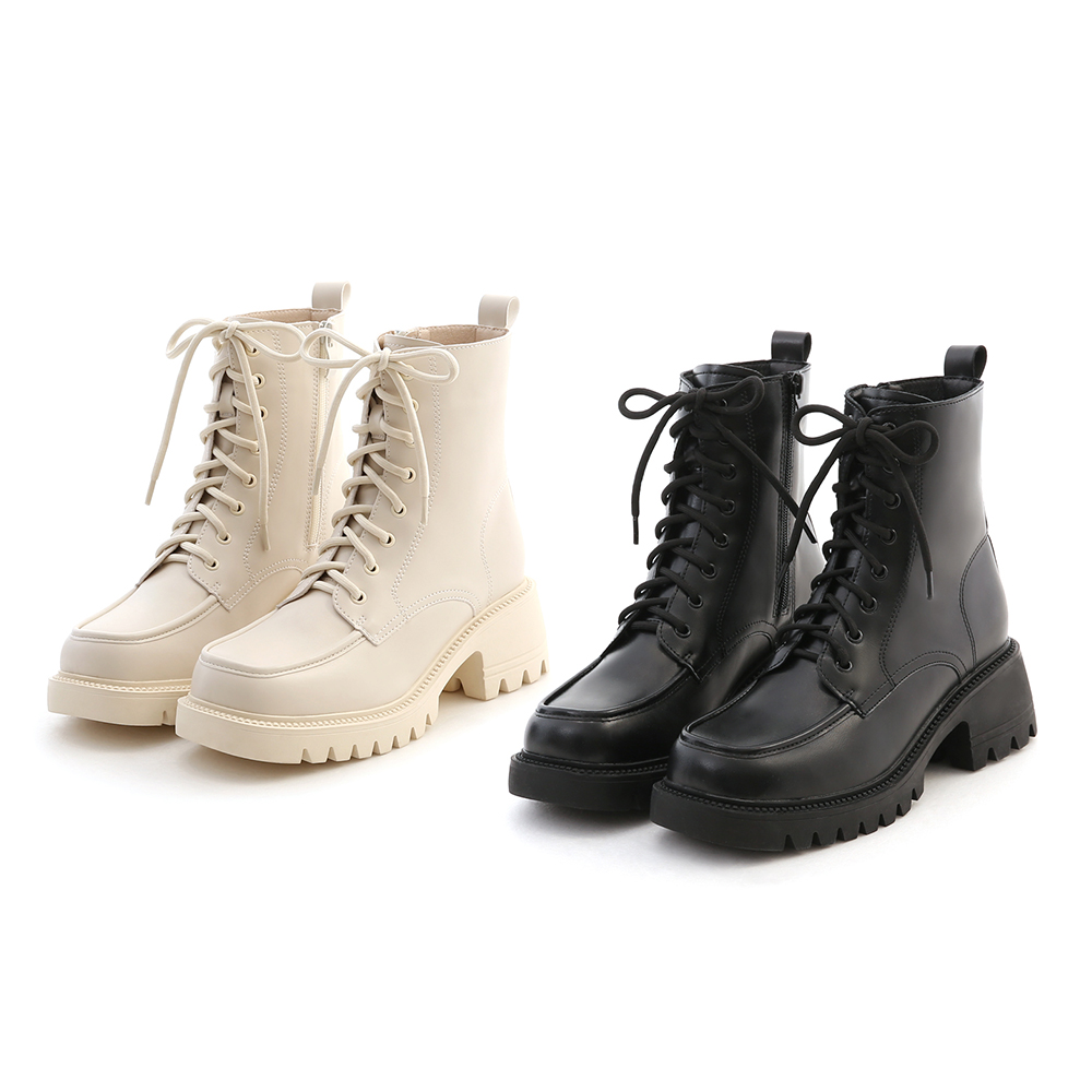 Square Toe Thick Sole Lace Up Short Boots Vanilla