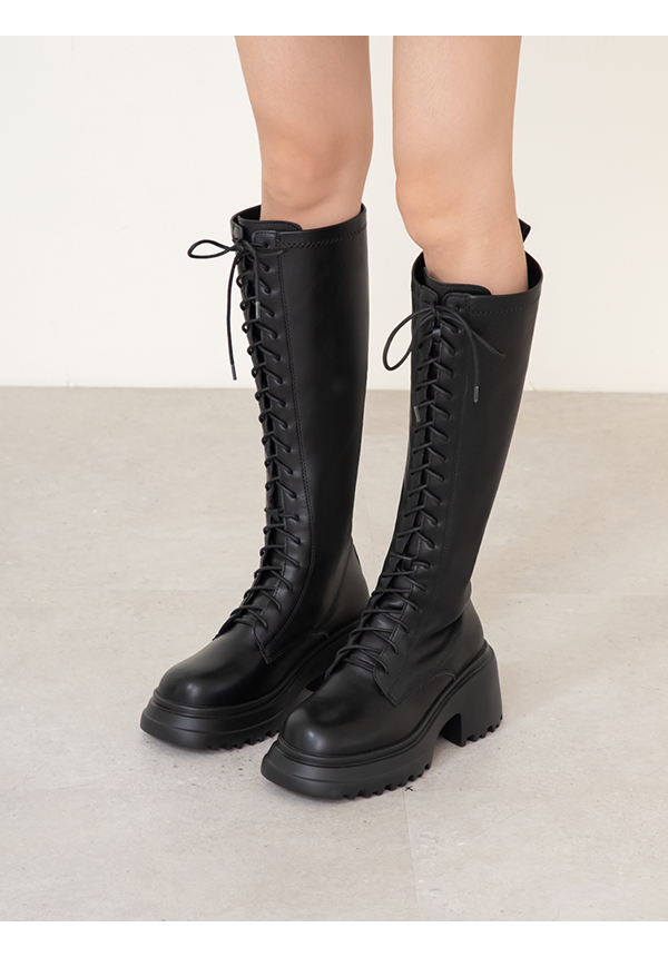 女團風輕量厚底綁帶長靴 黑色