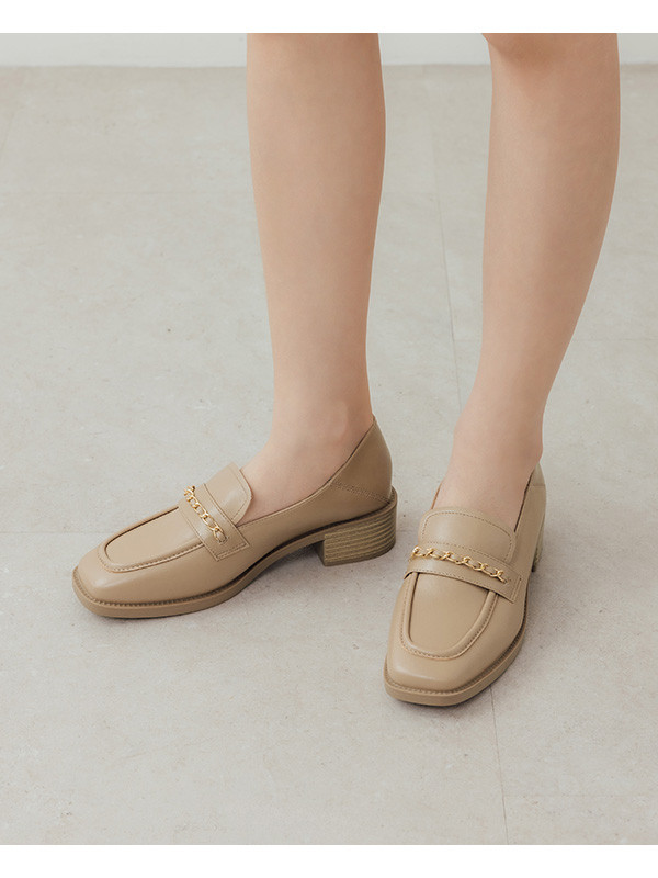 Metal Chain Square-Toe Loafers Beige