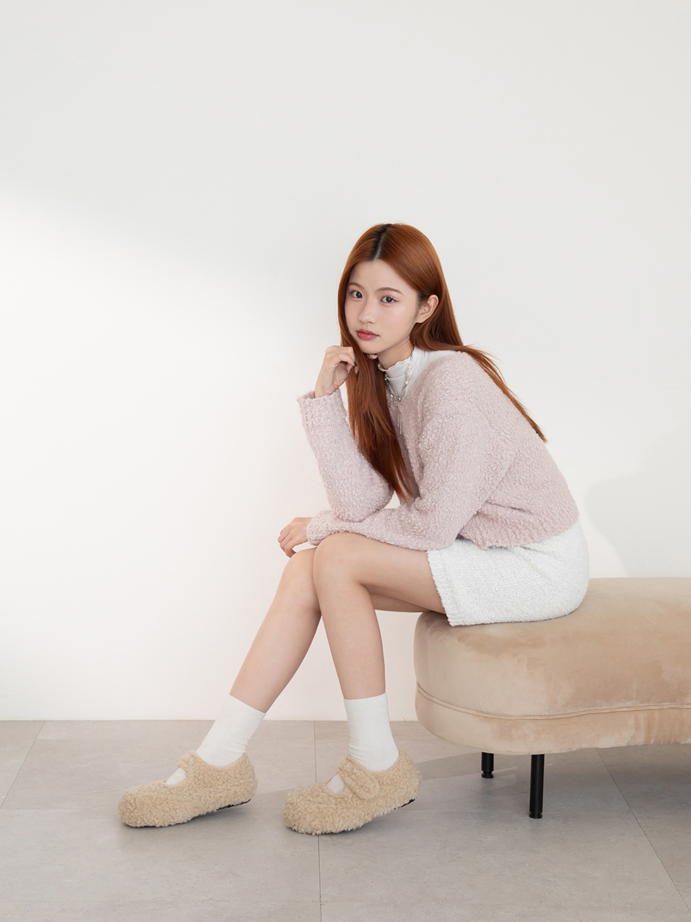 可愛萌系內增高毛毛瑪莉珍鞋 米色