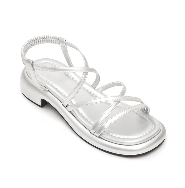 Cross-Strap Low-Heeled Sandals Silver