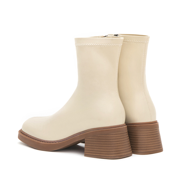 Square-Toe Wood-Heel Slim Boots Beige