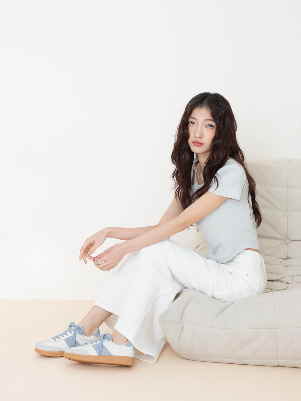 進化版2.0雙色鞋帶真皮德訓鞋 米白X藍色