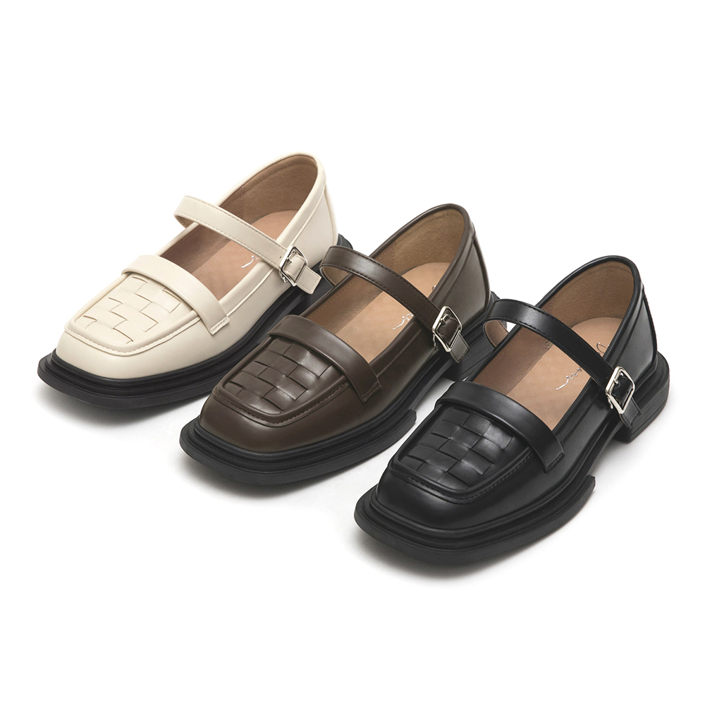 棋盤格編織樂福瑪莉珍鞋 咖