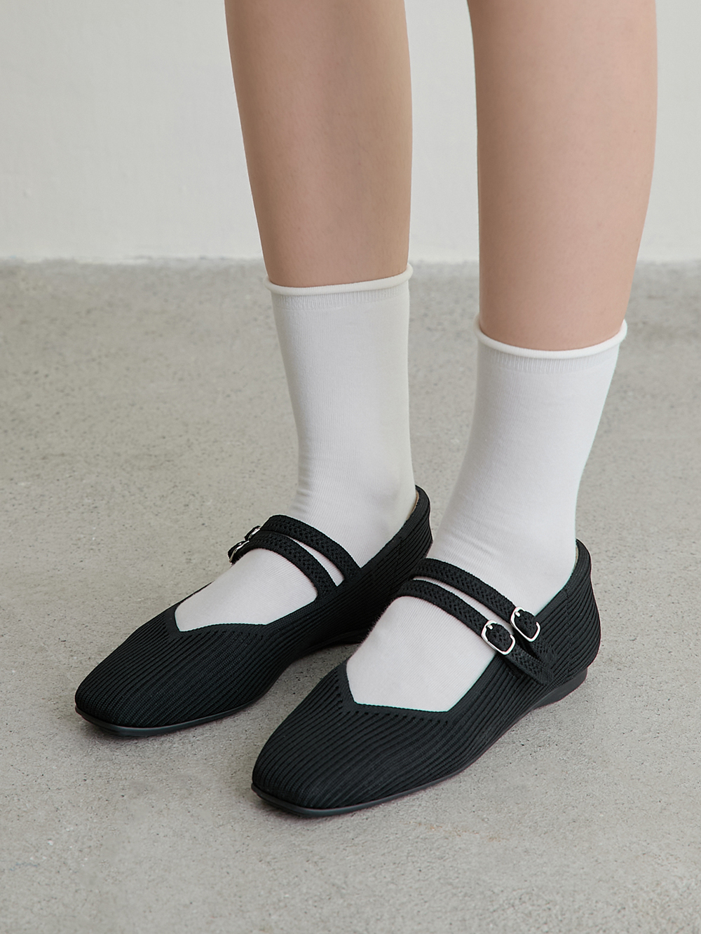 【3D零感雲織鞋】雙帶方頭瑪莉珍鞋 午夜黑