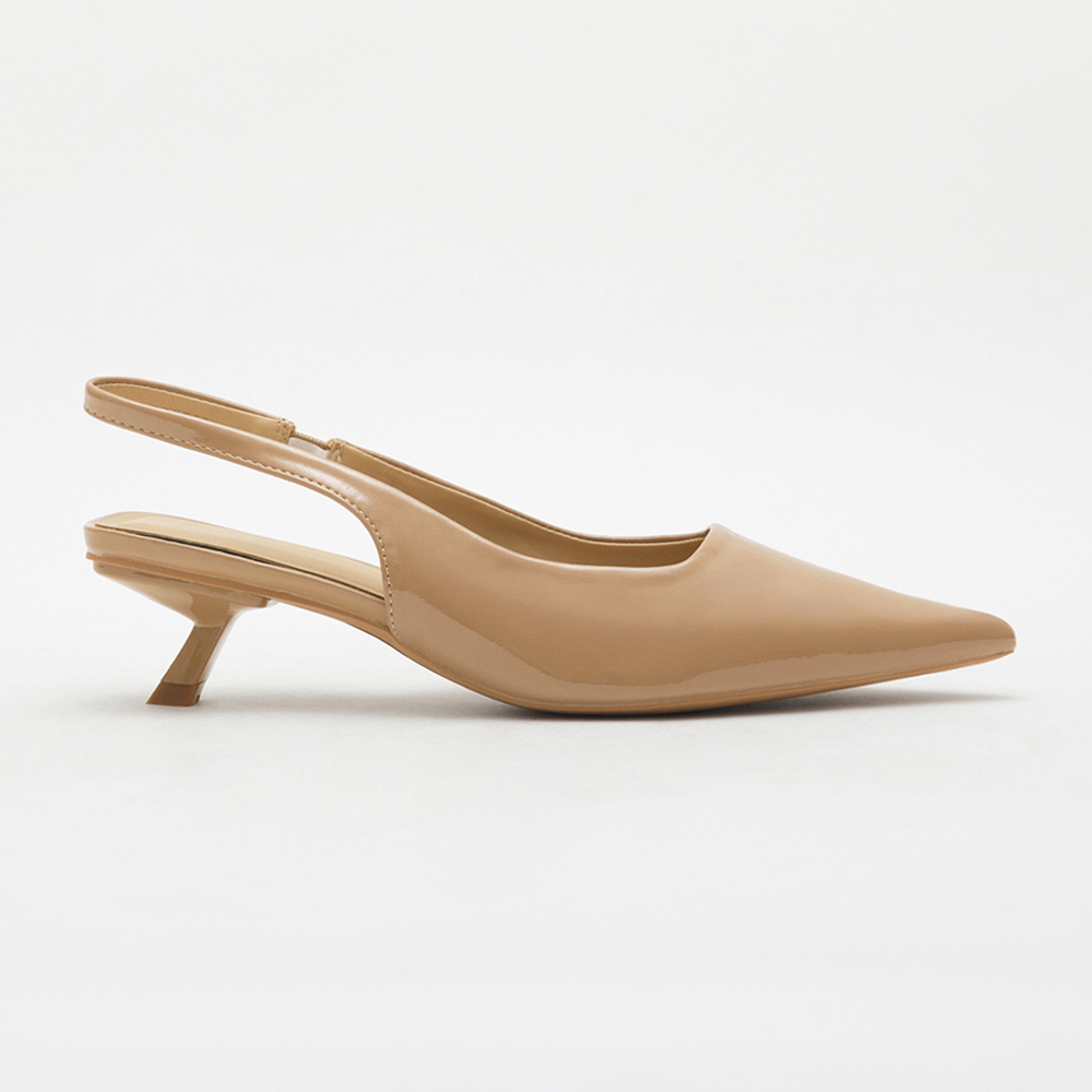 Elegant Pointed Toe Patent Mid-Heel Slingbacks 奶茶