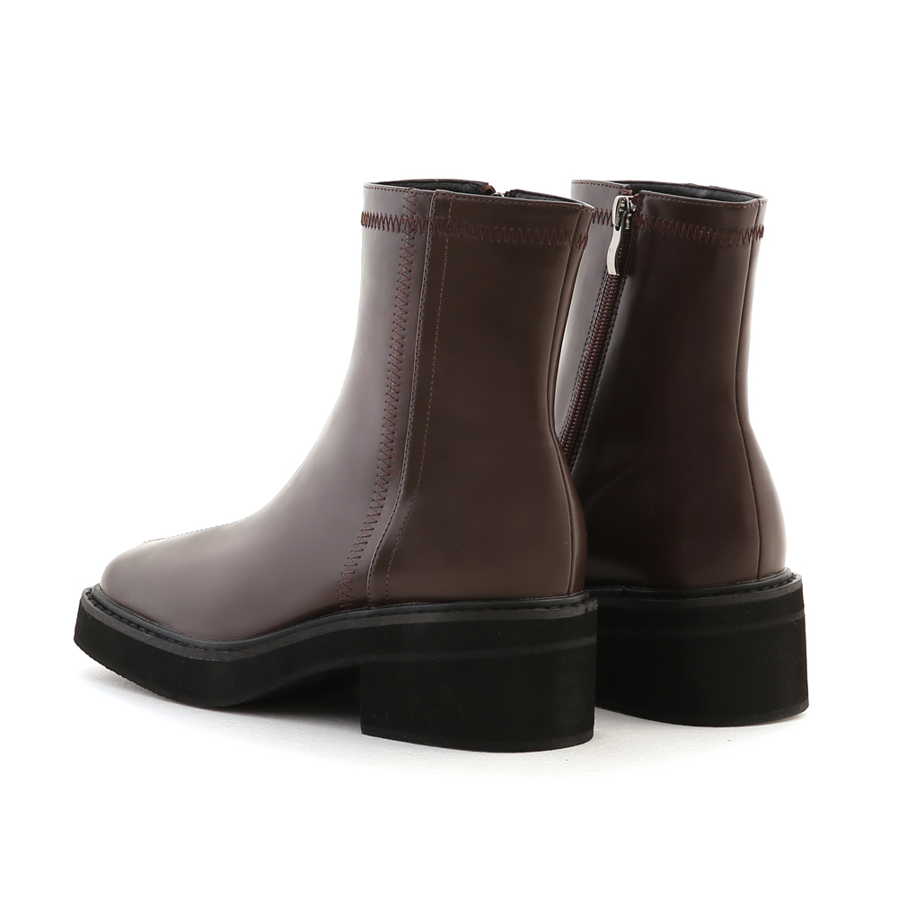 Stitched Square Toe Thick-Sole Ankle Boots Dark Brown