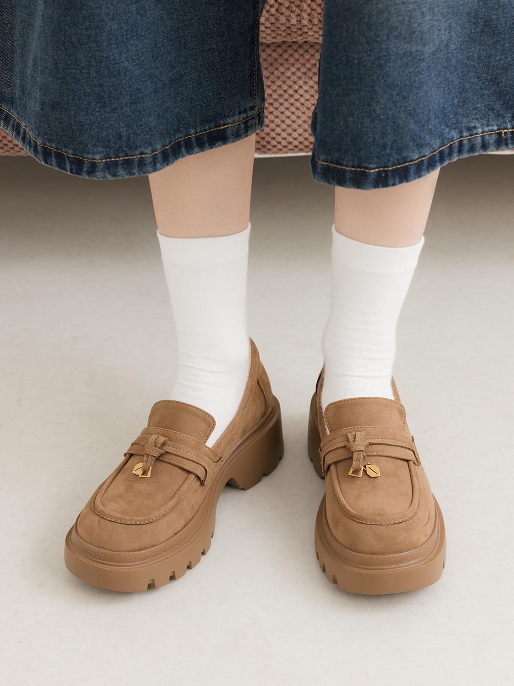 文創美感按摩鞋墊厚底樂福鞋 卡其色