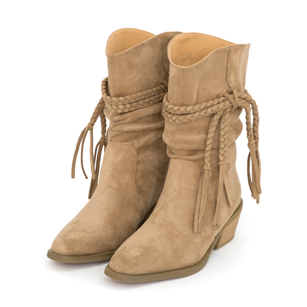 吉普賽流蘇小V口牛仔短靴 杏色