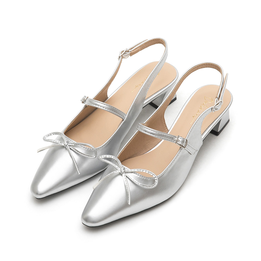 Bow Tie Pointed Toe Slingback Heels Silver