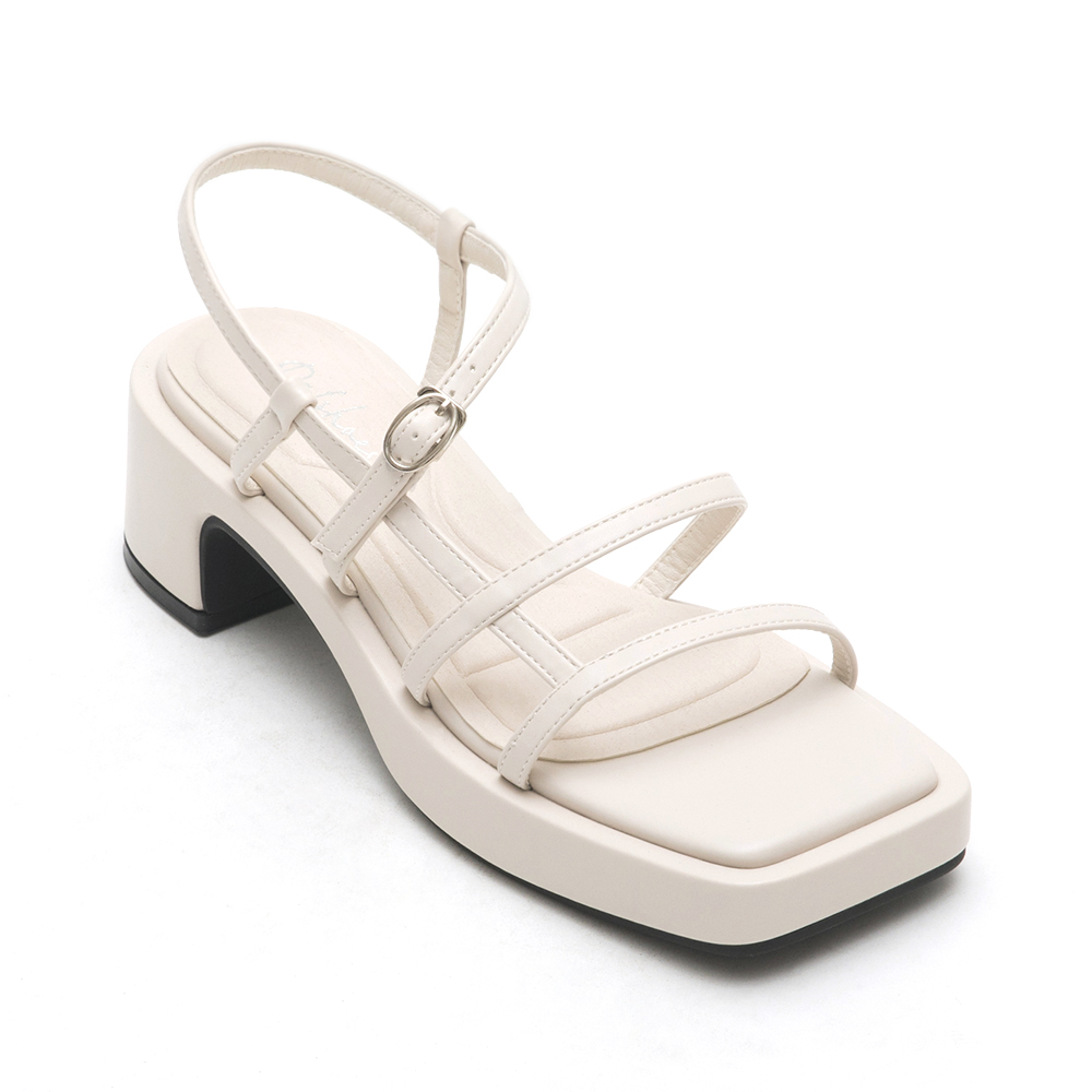 Square-Toe Strappy Platform Sandals Beige