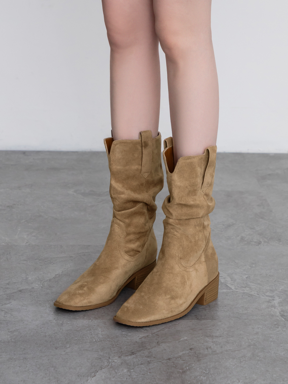 美拉德V口內增高西部堆堆靴 杏色