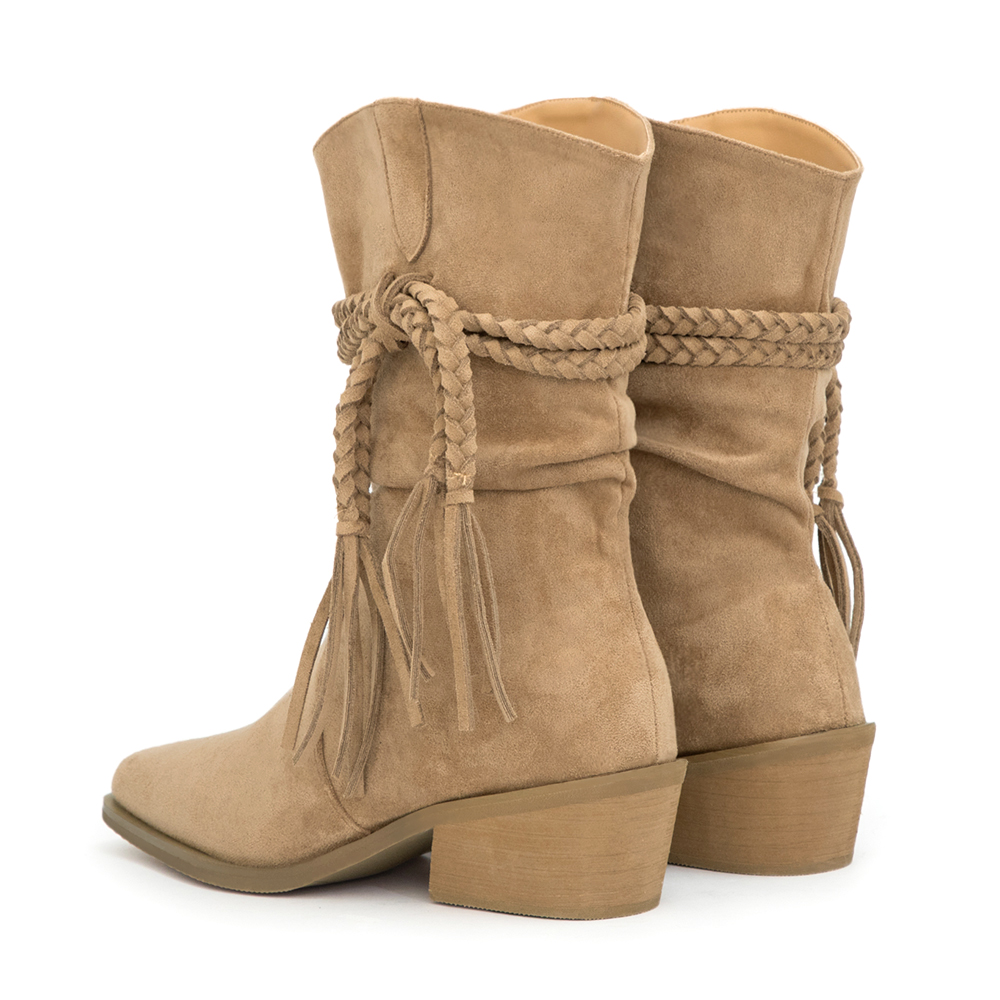 吉普賽流蘇小V口牛仔短靴 杏色