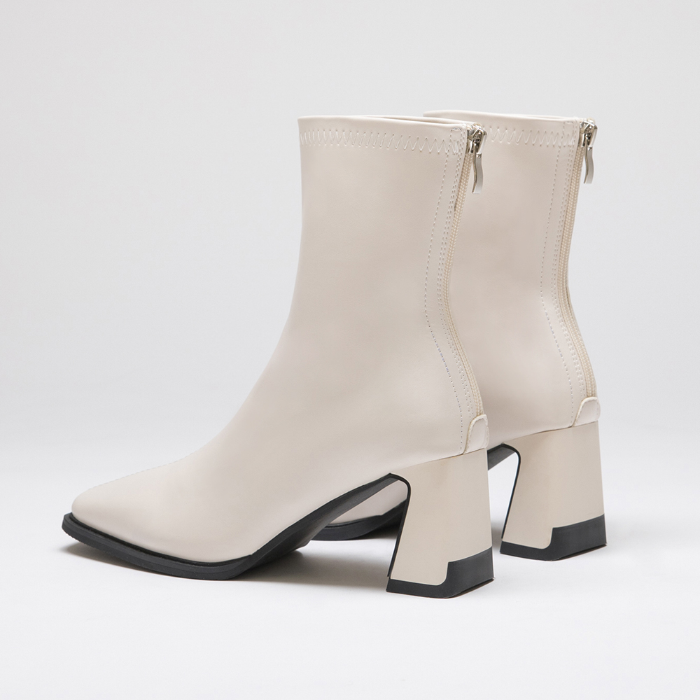 Plain Square Toe High Heels Slimming Boots Vanilla