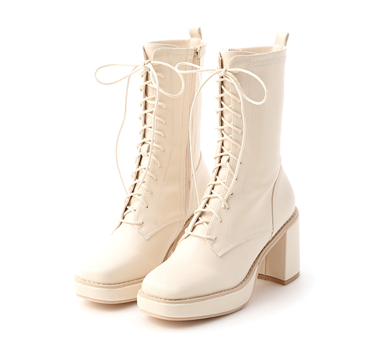 Platform Square Toe Lace-Up Boots French Vanilla White