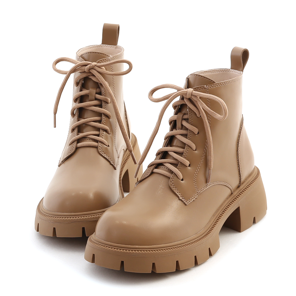 Round Toe Lace-Up Mid-Heel Martin Boots Beige