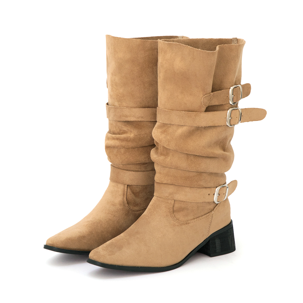 全場焦點絨面釦環尖頭中筒靴 卡其色