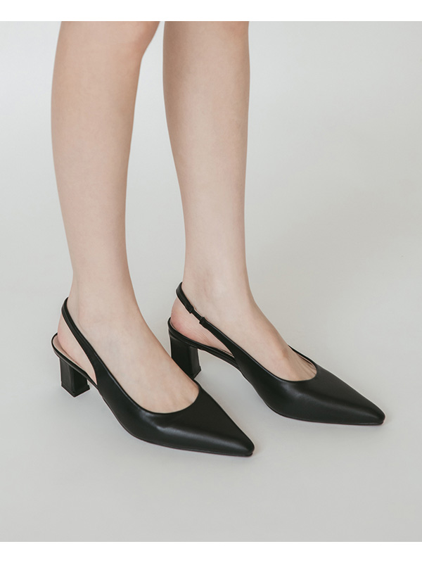 Plain Pointed Toe Mid-Heel Slingback Pumps Black