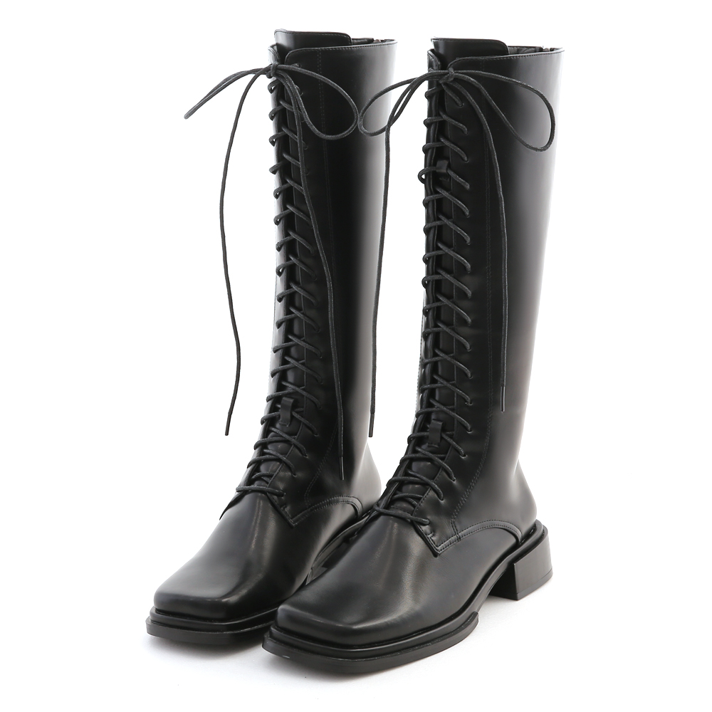 Vintage Square Toe Lace-Up Tall Boots Black