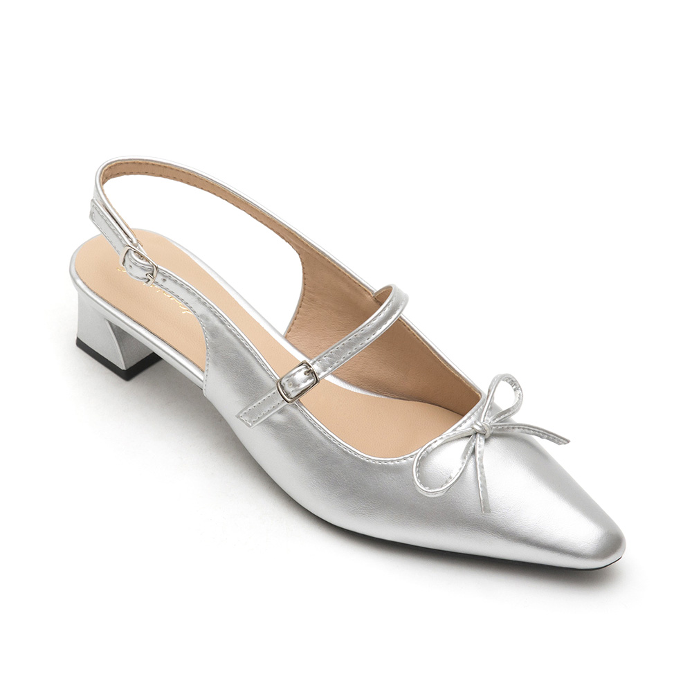 Bow Tie Pointed Toe Slingback Heels Silver