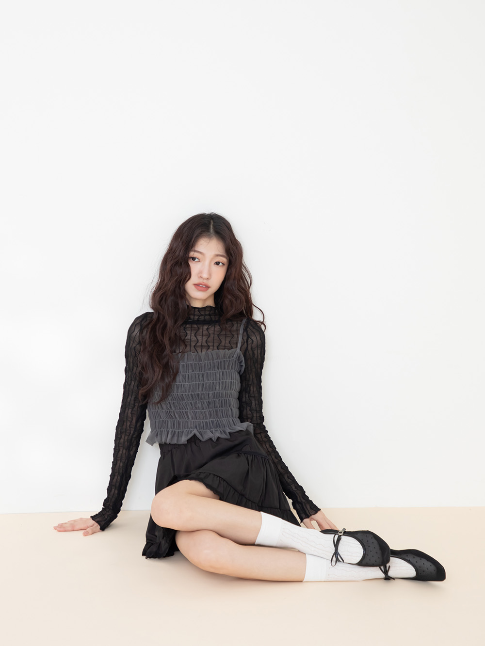 法式點點網紗蝴蝶結瑪莉珍鞋 黑