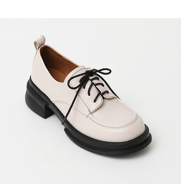 Stitching Low Heel Lace-up Derby Shoes Vanilla