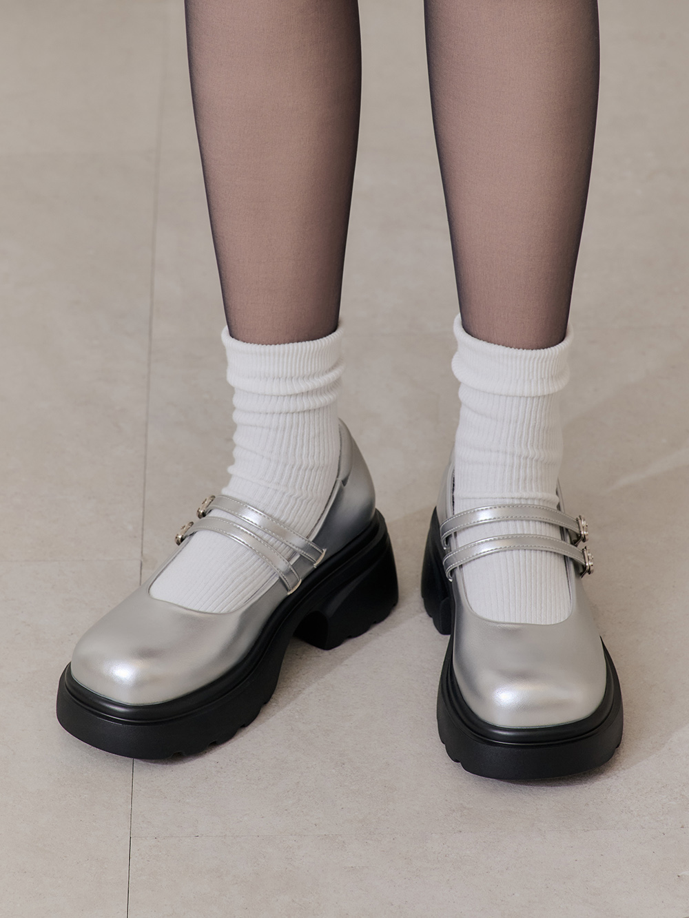 甜蜜愛心釦雙帶輕量瑪莉珍鞋 銀