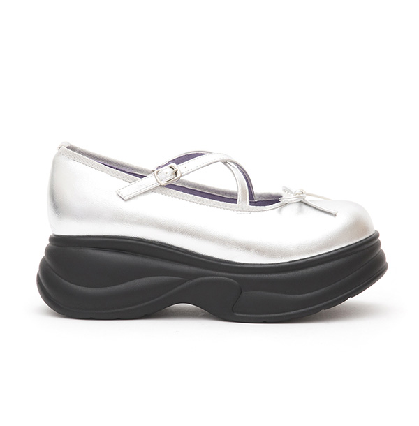 Thick-Soled Cross-Strap Ballet Shoes Silver