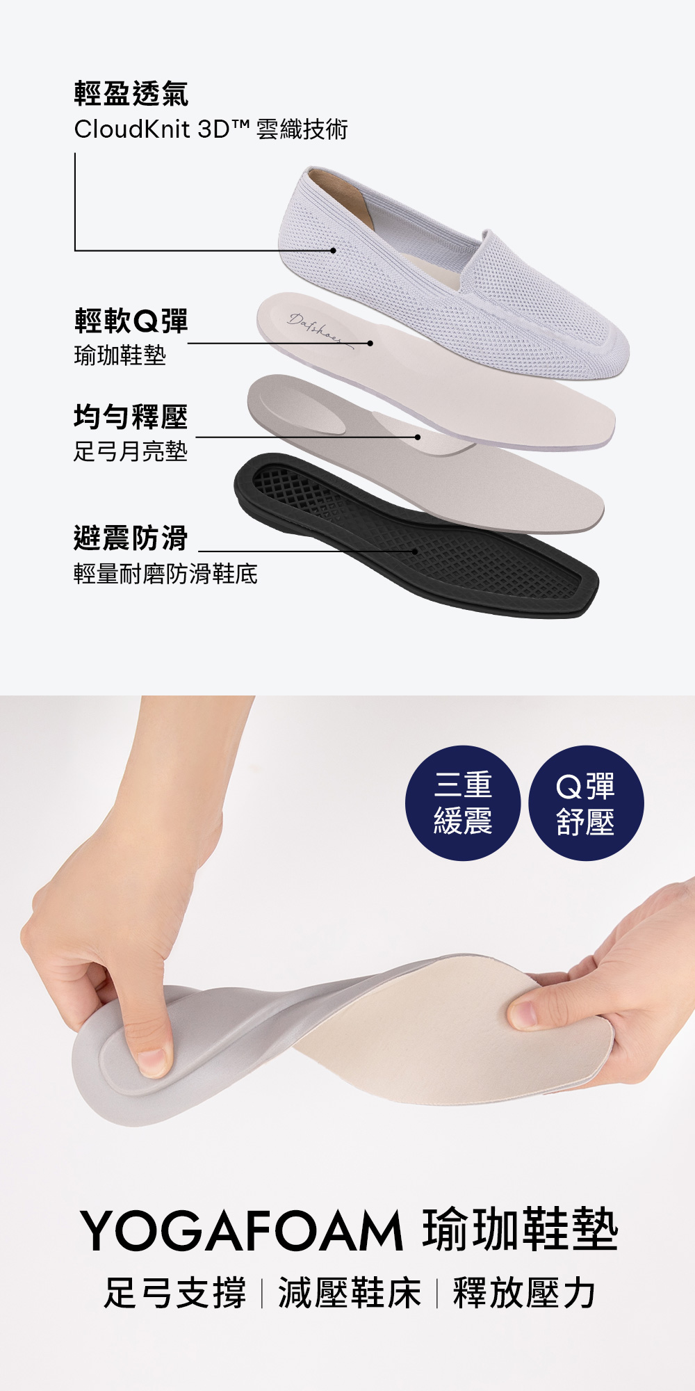 【3D零感雲織鞋】素面方頭樂福鞋 象牙灰