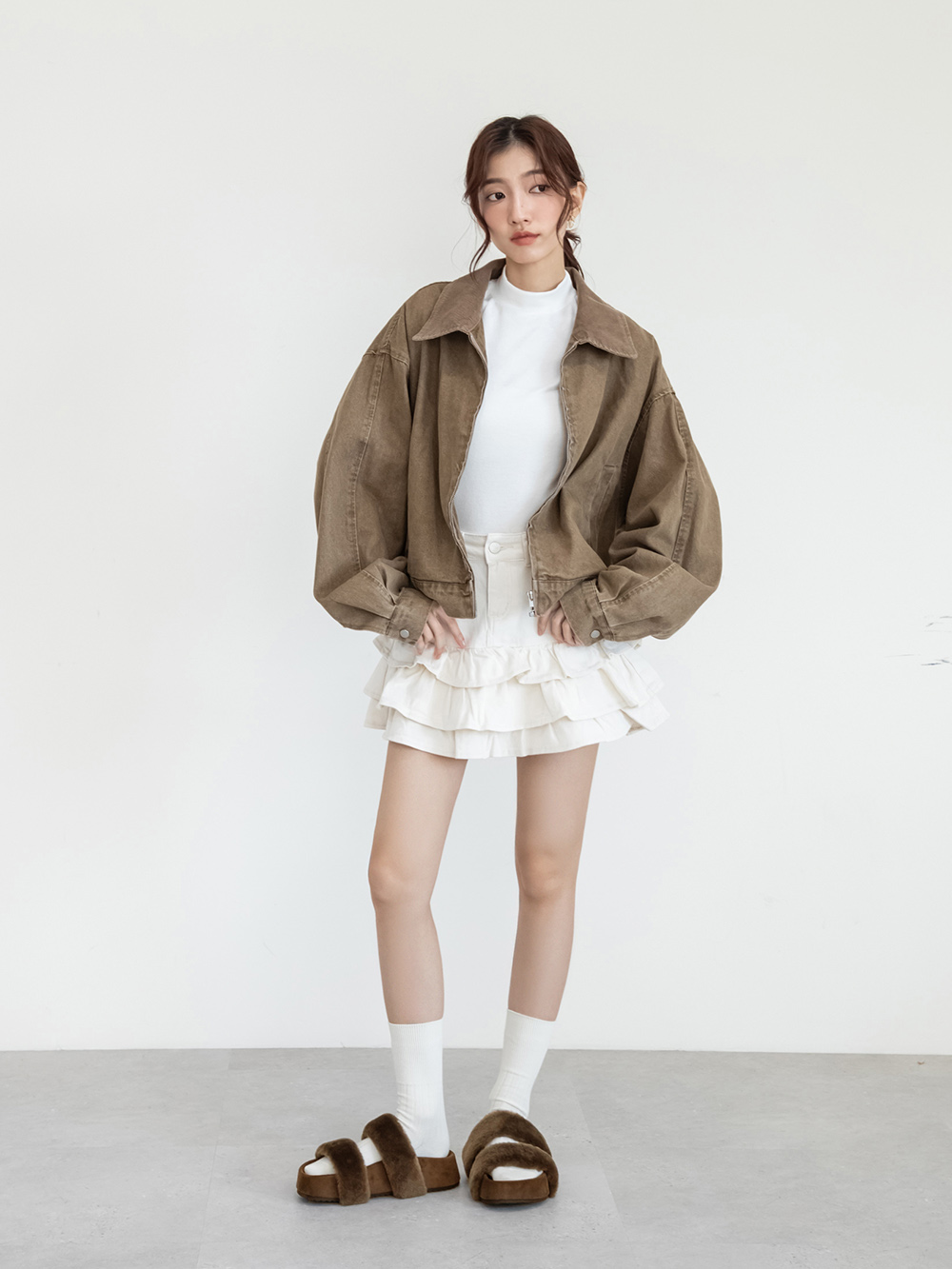 軟萌毛毛一字雙帶厚底拖鞋 咖色